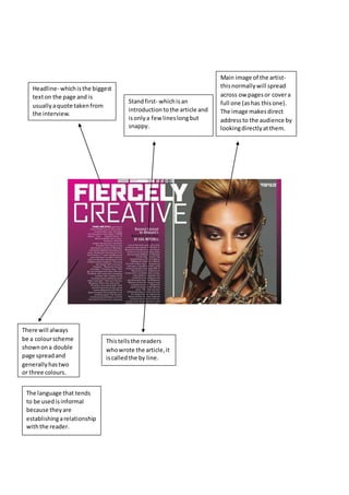 Headline- whichisthe biggest
texton the page and is
usuallyaquote takenfrom
the interview.
Standfirst- whichisan
introductiontothe article and
isonlya few lineslongbut
snappy.
Main image of the artist-
thisnormallywill spread
across ow pagesor covera
full one (ashas thisone).
The image makesdirect
addressto the audience by
lookingdirectlyatthem.
There will always
be a colourscheme
shownona double
page spreadand
generallyhastwo
or three colours.
The language that tends
to be usedisinformal
because theyare
establishingarelationship
withthe reader.
Thistellsthe readers
whowrote the article,it
iscalledthe by line.
 