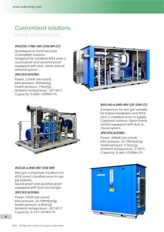 8 l Adicomp S.r.l. 
Customized solutions, 
some references. 
BVG250-17ND-INV (OW,WP,CF) 
Developed to feed two Solar 
(Caterpillar) turbines. 
Designed for classified ATEX zone 2, 
sound proof and weather proof 
equipped with dust, water and oil 
removal system. 
SPECIFICATIONS: 
Power: 315kW (de-rated) 
Inlet pressure: 50mbar(g) 
Outlet pressure: 17bar(g) 
Ambient temperature: -20°/40°C 
Capacity: 0<600<1200Nm3/h 
BVG160-6.0ND-INV (OF-OW-CF) 
Compressor for wet gas suitable 
for indoor installation and ATEX 
zone 2 classified area to supply 
Capstone turbines. Open frame 
version equipped with dust re-moval 
system. 
SPECIFICATIONS: 
Power: 200kW (de-rated) 
Inlet pressure: 25-100mbar(g) 
Outlet pressure: 5.5bar(g) 
Ambient temperature: 3°/40°C 
Capacity: 0<662<1535Nm3/h 
BVG30-6.0HD-INV (OW,WP) 
Wet gas compressor installed into 
ATEX zone2 classified area to sup-ply 
turbines. 
Sound proof and weather proof 
equipped with heat exchanger. 
SPECIFICATIONS: 
Power: 37kW (de-rated) 
Inlet pressure: 20-100mbar(g) 
Outlet pressure: 6.0bar(g) 
Ambient temperature: -20°/40°C 
Capacity: 0<177<241Nm3/h 
 
