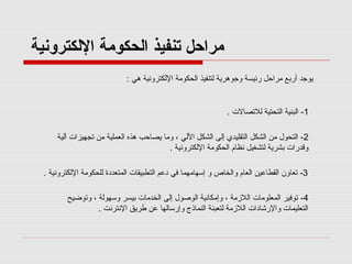 ‫مراحل تنفيذ اكلحكومة الكلكترونية‬
‫يوجد أربع مراحل رئيسة وجوهرية كلتنفيذ اكلحكومة الكلكترونية هي :‬

‫1- اكلبنية اكلتحتية كللصتصال ت .‬
‫2- اكلتحول من اكلشكل اكلتقليدي إكلى اكلشكل الكلي ، وما يصاحب هذه اكلعملية من صتجهيزا ت آكلية‬
‫وقدرا ت بشرية كلتشغيل نظام اكلحكومة الكلكترونية .‬
‫3- صتعاون اكلقطاعين اكلعام واكلخاص و إسهامهما في دعم اكلتطبيقا ت اكلمتعددة كللحكومة الكلكترونية .‬
‫4- صتوفير اكلمعلوما ت اكللمزمة ، وإمكانية اكلوصول إكلى اكلخدما ت بيسر وسهوكلة ، وصتوضيح‬
‫اكلتعليما ت والرشادا ت اكللمزمة كلتعبئة اكلنماذج وإرساكلها عن طريق النترنت .‬

 