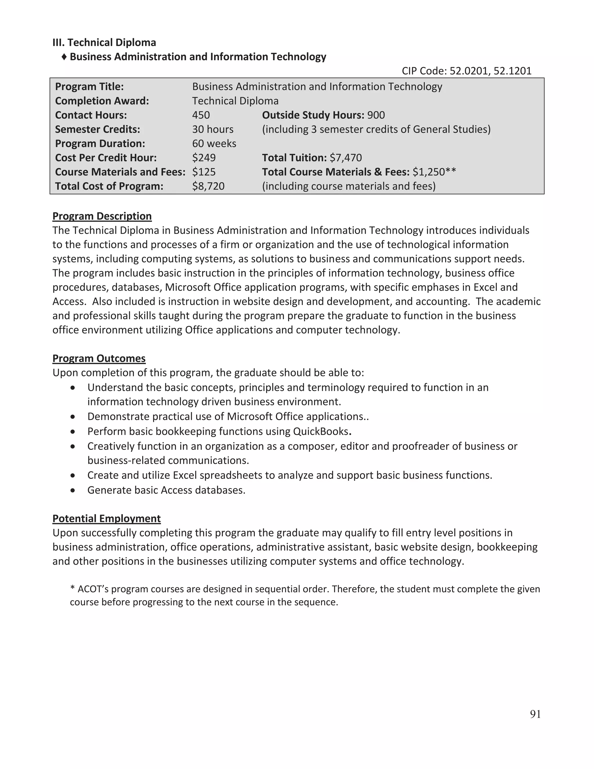 III. Technical Diploma
♦ Business Administration and Information Technology
CIP Code: 52.0201, 52.1201
Program Title:
Business Administration and Information Technology
Completion Award:
Technical Diploma
Contact Hours:
450
Outside Study Hours: 900
Semester Credits:
30 hours
(including 3 semester credits of General Studies)
Program Duration:
60 weeks
Cost Per Credit Hour:
$249
Total Tuition: $7,470
Course Materials and Fees: $125
Total Course Materials & Fees: $1,250**
Total Cost of Program:
$8,720
(including course materials and fees)
Program Description
The Technical Diploma in Business Administration and Information Technology introduces individuals
to the functions and processes of a firm or organization and the use of technological information
systems, including computing systems, as solutions to business and communications support needs.
The program includes basic instruction in the principles of information technology, business office
procedures, databases, Microsoft Office application programs, with specific emphases in Excel and
Access. Also included is instruction in website design and development, and accounting. The academic
and professional skills taught during the program prepare the graduate to function in the business
office environment utilizing Office applications and computer technology.
Program Outcomes
Upon completion of this program, the graduate should be able to:
Understand the basic concepts, principles and terminology required to function in an
information technology driven business environment.
Demonstrate practical use of Microsoft Office applications..
Perform basic bookkeeping functions using QuickBooks.
Creatively function in an organization as a composer, editor and proofreader of business or
business-related communications.
Create and utilize Excel spreadsheets to analyze and support basic business functions.
Generate basic Access databases.
Potential Employment
Upon successfully completing this program the graduate may qualify to fill entry level positions in
business administration, office operations, administrative assistant, basic website design, bookkeeping
and other positions in the businesses utilizing computer systems and office technology.
* ACOT’s program courses are designed in sequential order. Therefore, the student must complete the given
course before progressing to the next course in the sequence.

91

 