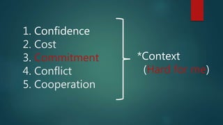 1. Confidence
2. Cost
3. Commitment
4. Conflict
5. Cooperation
*Context
(Hard for me)
 
