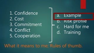 1. Confidence
2. Cost
3. Commitment
4. Conflict
5. Cooperation
a. Example
b. Risk profile
c. Hard for me
d. Training
What it means to me; Rules of thumb.
 
