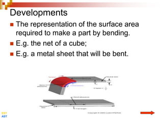 Developments
 The representation of the surface area
required to make a part by bending.
 E.g. the net of a cube;
 E.g. a metal sheet that will be bent.
EST
AST
 