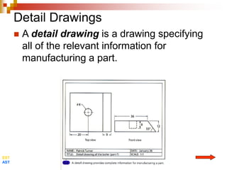 Detail Drawings
 A detail drawing is a drawing specifying
all of the relevant information for
manufacturing a part.
EST
AST
 