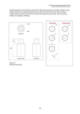 VCE Visual Communication Design 2013–2017
Technical Drawing Specifications Resource
19
placed through the centre of the circular feature. When dimensioning a circle often a leader is used.
Leaders stop with an arrowhead touching a line, within the outlines of a view. They are always
‘sloped’ and are used to carry dimension numbers for diameters () and radii. They may carry a
notation, for example, 20 deep.
Figure 19
Dimensioning circles
 