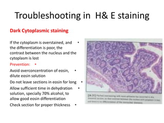 Troubleshooting in H& E staining
Dark Cytoplasmic staining
If the cytoplasm is overstained, and •
the differentiation is poor, the
contrast between the nucleus and the
cytoplasm is lost
Prevention: •
Avoid overconcentration of eosin, •
dilute eosin solution
Do not leave sections in eosin for long •
Allow sufficient time in dehydration •
solution, specially 70% alcohol, to
allow good eosin differentiation
Check section for proper thickness •

 