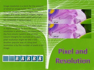 Image resolution is a term for the amount
of detail an image holds. This term applies
to raster images, vector images, film
images and other types of images. Higher
resolution means more detail and it can
be measured in various ways.

Pixel resolution refers to the pixel count
in digital imaging. To describe pixel
resolution is when pixels are measured in
the first column (width) and second
column (height) for example an images
pixel resolution might be 640 x 420.
Another popular way of citing pixel
resolution is by the number of pixels in an
image.
 