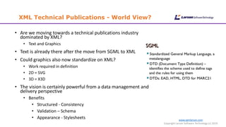 XML Technical Publications - World View?
www.cgmlarson.com
Copyright Larson Software Technology (c) 2019
• Are we moving towards a technical publications industry
dominated by XML?
• Text and Graphics
• Text is already there after the move from SGML to XML
• Could graphics also now standardize on XML?
• Work required in definition
• 2D = SVG
• 3D = X3D
• The vision is certainly powerful from a data management and
delivery perspective
• Benefits
• Structured - Consistency
• Validation – Schema
• Appearance - Stylesheets
 