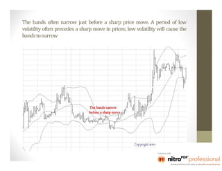 The bands often narrow just before a sharp price move. A period of low
volatility often precedes a sharp move in prices; low volatility will cause the
bands to narrow
 