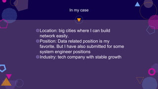 In my case
◍Location: big cities where I can build
network easily.
◍Position: Data related position is my
favorite. But I have also submitted for some
system engineer positions
◍Industry: tech company with stable growth
 
