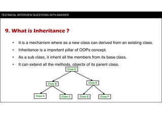 9. What is Inheritance ?
• It is a mechanism where as a new class can derived from an existing class.
• Inheritance is a i...