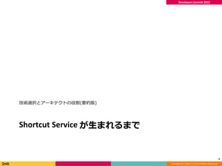 Copyright (C) DeNA Co.,Ltd. All Rights Reserved.
Developers Summit 2015
Shortcut Service が生まれるまで
技術選択とアーキテクトの役割(要約版)
4
 