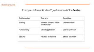 /background
Example: diﬀerent kinds of “gold standards” for Debian
Gold standard Scenario Candidate
Stability Isolated sys...