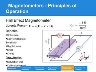 Magnetometers - Principles of
Operation
Hall Effect Magnetometer
Lorentz Force -
Benefits-
•Solid-state
•Low Temperature
Sensitivity
•Highly Linear
•Small
•Cheap
Drawbacks-
•Saturation limit
•Calibration Issues
Introduction
Magnetometer
Background
Accelerometer
Fundamentals
Accelerometer
Background
Magnetometer
Fundamentals
Conclusion and
Questions
 