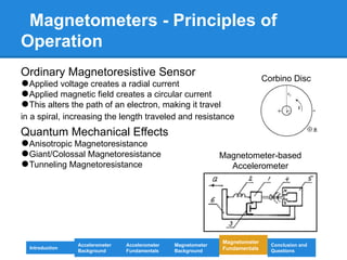 Magnetometers - Principles of
Operation
Ordinary Magnetoresistive Sensor
•Applied voltage creates a radial current
•Applied magnetic field creates a circular current
•This alters the path of an electron, making it travel
in a spiral, increasing the length traveled and resistance
Quantum Mechanical Effects
•Anisotropic Magnetoresistance
•Giant/Colossal Magnetoresistance
•Tunneling Magnetoresistance
Corbino Disc
Magnetometer-based
Accelerometer
Introduction
Magnetometer
Background
Accelerometer
Fundamentals
Accelerometer
Background
Magnetometer
Fundamentals
Conclusion and
Questions
 