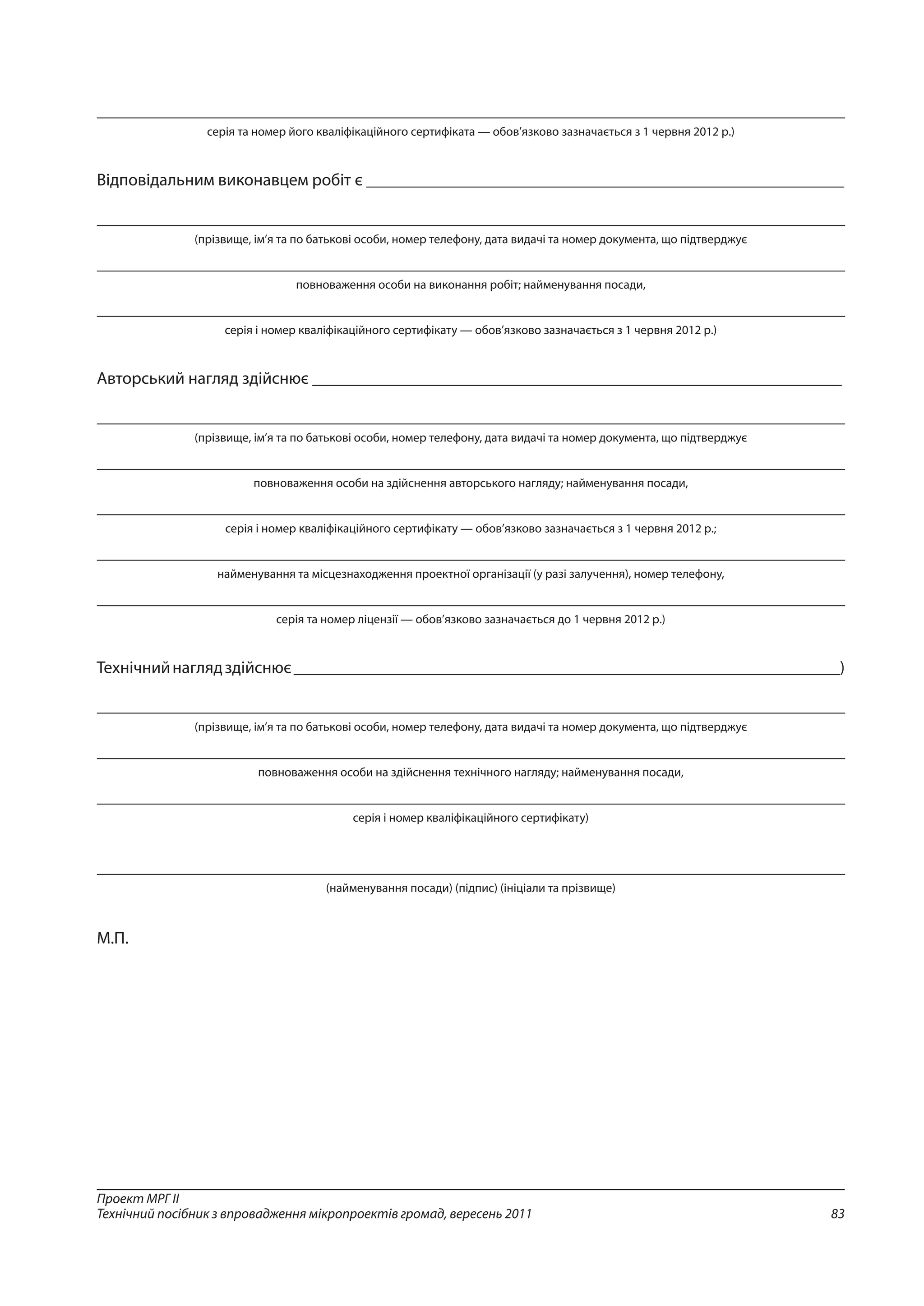 83
Проект МРГ ІІ
Технічний посібник з впровадження мікропроектів громад, вересень 2011
_____________________________________________________________________________________________
серія та номер його кваліфікаційного сертифіката — обов’язково зазначається з 1 червня 2012 р.)
Відповідальним виконавцем робіт є ________________________________________________________
_____________________________________________________________________________________________
(прізвище, ім’я та по батькові особи, номер телефону, дата видачі та номер документа, що підтверджує
_____________________________________________________________________________________________
повноваження особи на виконання робіт; найменування посади,
_____________________________________________________________________________________________
серія і номер кваліфікаційного сертифікату — обов’язково зазначається з 1 червня 2012 р.)
Авторський нагляд здійснює ______________________________________________________________
_____________________________________________________________________________________________
(прізвище, ім’я та по батькові особи, номер телефону, дата видачі та номер документа, що підтверджує
_____________________________________________________________________________________________
повноваження особи на здійснення авторського нагляду; найменування посади,
_____________________________________________________________________________________________
серія і номер кваліфікаційного сертифікату — обов’язково зазначається з 1 червня 2012 р.;
_____________________________________________________________________________________________
найменування та місцезнаходження проектної організації (у разі залучення), номер телефону,
_____________________________________________________________________________________________
серія та номер ліцензії — обов’язково зазначається до 1 червня 2012 р.)
Технічнийнаглядздійснює________________________________________________________________)
_____________________________________________________________________________________________
(прізвище, ім’я та по батькові особи, номер телефону, дата видачі та номер документа, що підтверджує
_____________________________________________________________________________________________
повноваження особи на здійснення технічного нагляду; найменування посади,
_____________________________________________________________________________________________
серія і номер кваліфікаційного сертифікату)
_____________________________________________________________________________________________
(найменування посади) (підпис) (ініціали та прізвище)
М.П.
 