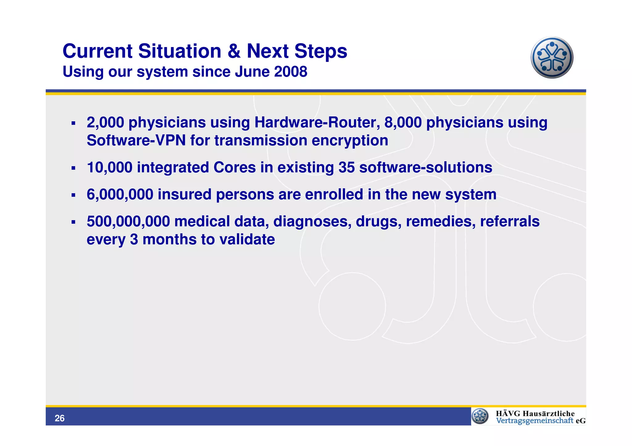 Current Situation & Next Steps
 Using our system since June 2008


     2,000 physicians using Hardware-Router, 8,000 physicians using
     Software-VPN for transmission encryption
     10,000 integrated Cores in existing 35 software-solutions
     6,000,000 insured persons are enrolled in the new system
     500,000,000 medical data, diagnoses, drugs, remedies, referrals
     every 3 months to validate




26
 