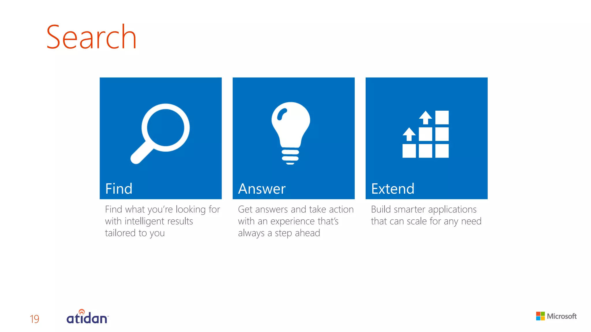 Search 
Find what you’re looking for with intelligent results tailored to you 
Get answers and take action with an experience that’s always a step ahead 
Build smarter applications that can scale for any need 
19 
 