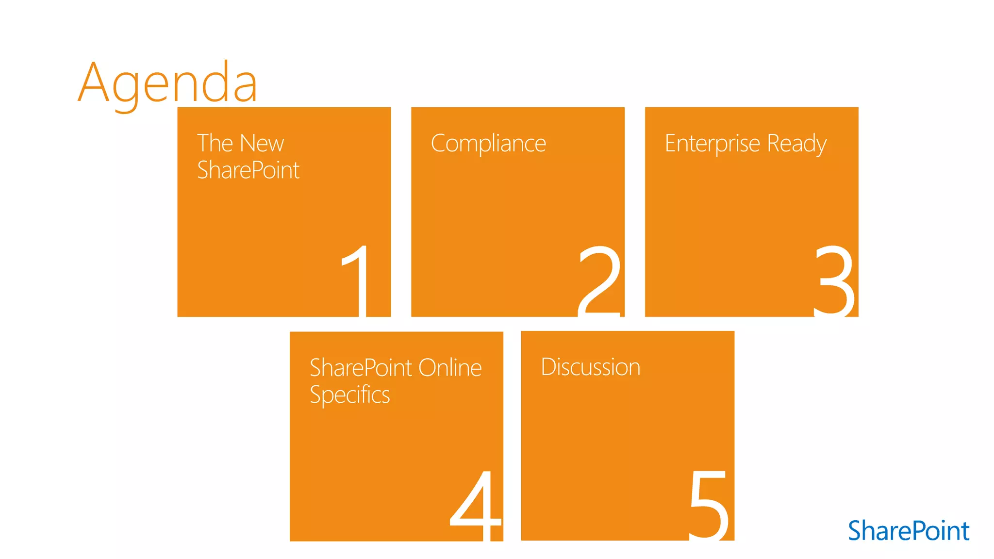 Compliance 
Enterprise Ready 
2 
3 
The New SharePoint 
1 
SharePoint Online Specifics 
4 
5 
Discussion 
5  