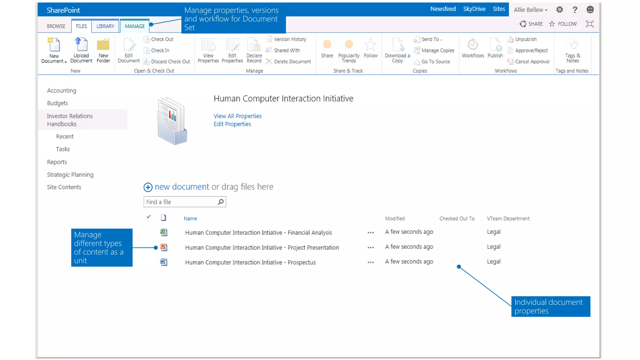 Manage different types of content as a unit 
Individual document properties 
Manage properties, versions and workflow for Document Set  