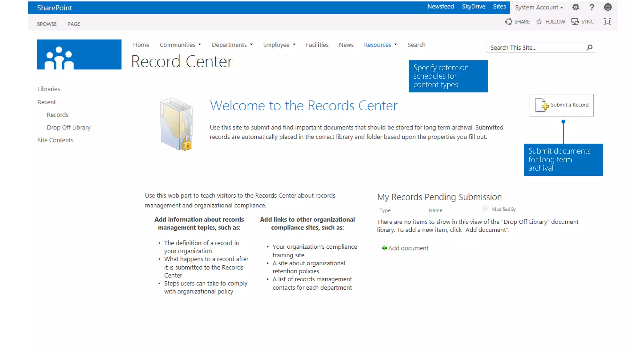 Specify retention schedules for content types 
Submit documents for long term archival  