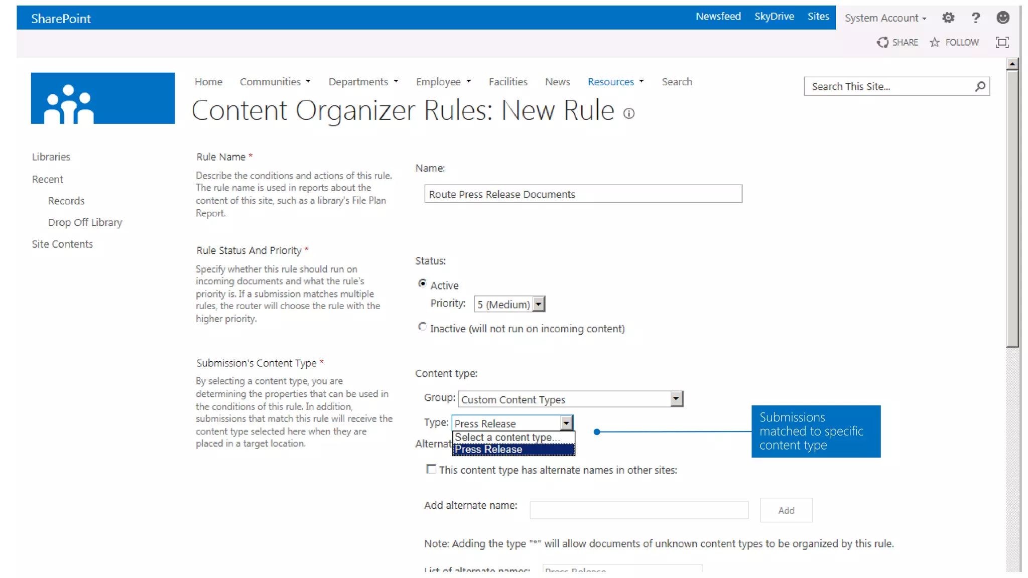 Submissions matched to specific content type  