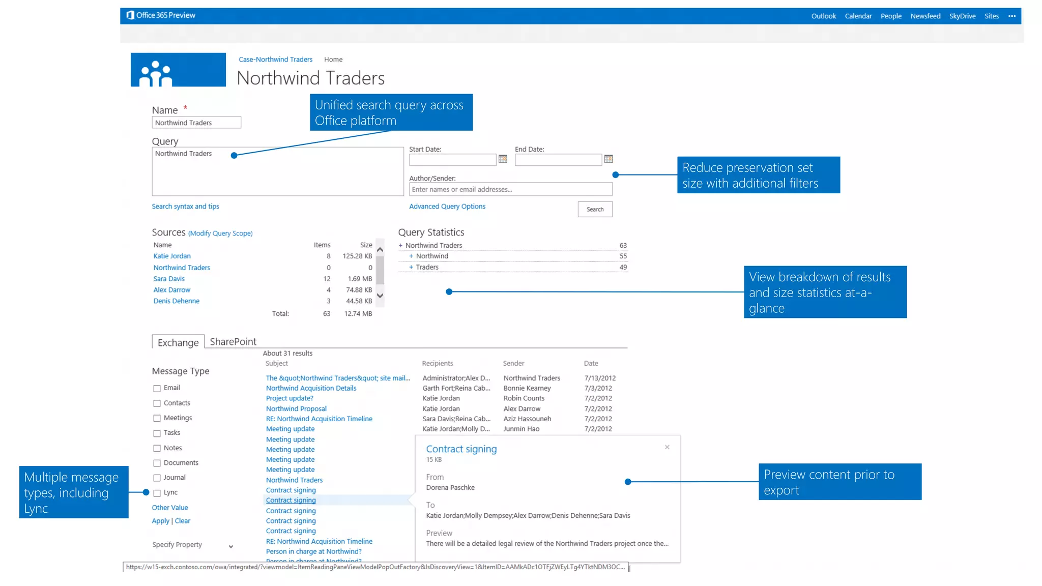 View breakdown of results and size statistics at-a- glance 
Unified search query across Office platform 
Reduce preservation set size with additional filters 
Preview content prior to export 
Multiple message types, including Lync  