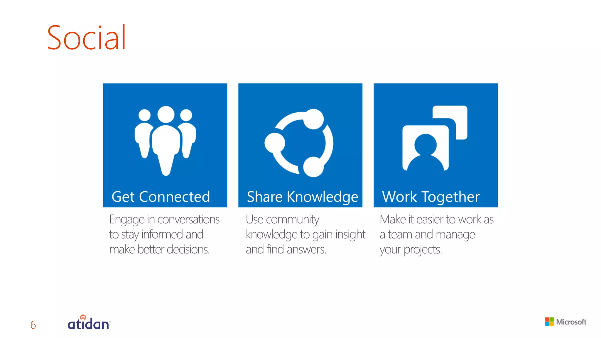 Social 
6 
Make it easier to work as a team and manage your projects. 
Use community knowledge to gain insight and find answers. 
Engage in conversations to stay informed and make better decisions.  