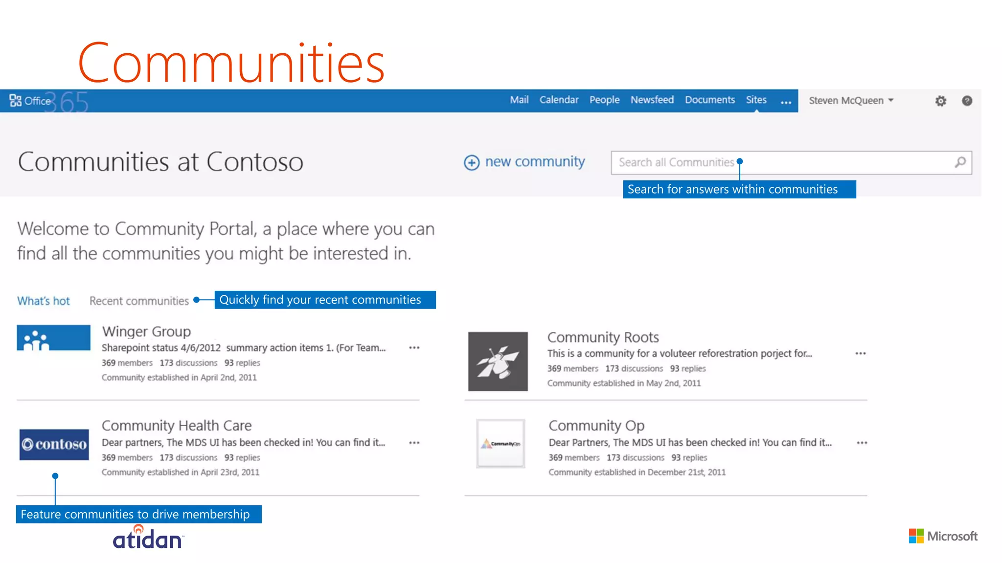Communities 
Search for answers within communities 
Feature communities to drive membership 
Quickly find your recent communities  