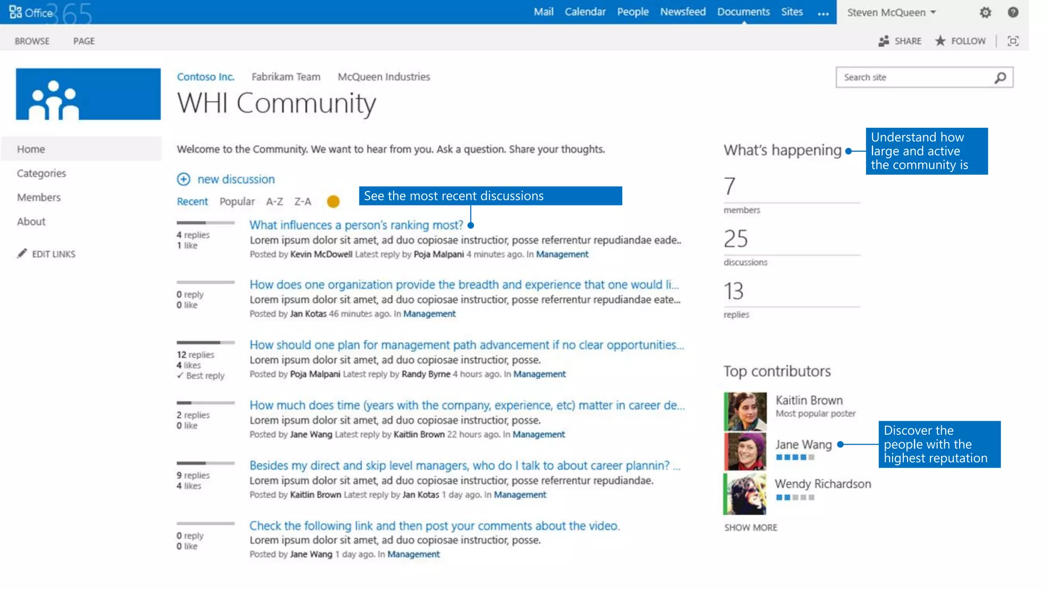 Understand how large and active the community is 
See the most recent discussions 
Discover the people with the highest reputation  