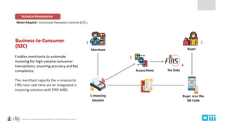 Model Adopted - Continuous Transaction Controls (CTC )
Technical Presentation
Business-to-Consumer
(B2C)
Enables merchants to automate
invoicing for high-volume consumer
transactions, ensuring accuracy and tax
compliance.
The merchant reports the e-invoice to
FIRS near-real time via an integrated e-
invoicing solution with FIRS-MBS.
Buyer scan the
QR Code
E-invoicing
Solution
Tax Data
Merchant Buyer
Access Point
1 2
3
4
 