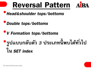 For Internal Discussion Only
Reversal Pattern
•Head&shoulder tops/bottoms
•Double tops/bottoms
•V Formation tops/bottoms
•รูปแบบกลับตัว 3 ประเภทนี้ พบได้ทั่วไป
ใน SET index
 