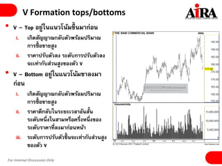 For Internal Discussion Only
V Formation tops/bottoms
• V – Top อยู่ในแนวโน้มขึ้ นมาก่อน
i. เกิดสัญญาณกลับตัวพร้อมปริมาณ
การซื้ อขายสูง
ii. ราคาปรับตัวลง ระดับการปรับตัวลง
จะเท่ากับส่วนสูงของตัว V
• V – Bottom อยู่ในแนวโน้มขาลงมา
ก่อน
i. เกิดสัญญาณกลับตัวพร้อมปริมาณ
การซื้ อขายสูง
ii. ราคาดีกลับในระยะเวลาอันสั้น
ระดับหนึ่งในสามหรือครึ่งหนึ่งของ
ระดับราคาที่ลงมาก่อนหน้า
iii. ระดับการปรับตัวขึ้นจะเท่ากับส่วนสูง
ของตัว V
 