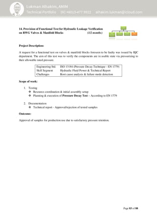 Page 83 of 88
14. Provision of Functional Test for Hydraulic Leakage Verification
on RWG Valves & Manifold Blocks (1/2 months)
Project Description:
A request for a functional test on valves & manifold blocks foreseen to be faulty was issued by IQC
department. The aim of this test was to verify the components are in usable state via pressurizing to
their allowable rated pressure.
Engineering Std.
Skill Segment
ISO 13184 (Pressure Decay Technique - EN 1779)
Hydraulic Fluid Power & Technical Report
Challenges Root cause analysis & failure mode detection
Scope of work:
1. Testing
Resource coordination & initial assembly setup
Planning & execution of Pressure Decay Test – According to EN 1779
2. Documentation
Technical report - Approval/rejection of tested samples
Outcome:
Approval of samples for production use due to satisfactory pressure retention.
 