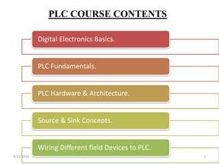 PLC COURSE CONTENTS
Digital Electronics Basics.
PLC Fundamentals.
PLC Hardware & Architecture.
Source & Sink Concepts.
Wiring Different field Devices to PLC.
3/12/2015 2
 