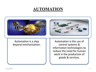 AUTOMATION
Automation is a step
beyond mechanization.
Automation is the use of
control systems &
information technologies to
reduce the need for human
work in the production of
goods & services.
3/12/2015 4
 
