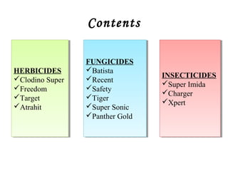 Contents
HERBICIDES
Clodino Super
Freedom
Target
Atrahit
HERBICIDES
Clodino Super
Freedom
Target
Atrahit
FUNGICIDE...