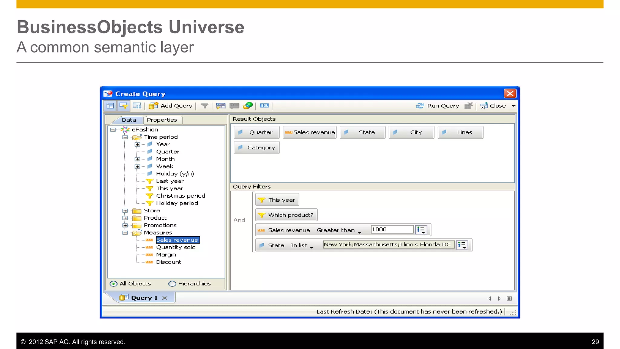 BusinessObjects Universe
A common semantic layer




© 2012 SAP AG. All rights reserved.   29
 