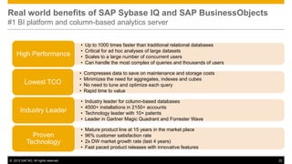 Real world benefits of SAP Sybase IQ and SAP BusinessObjects
#1 BI platform and column-based analytics server


                                      •   Up to 1000 times faster than traditional relational databases
                                      •   Critical for ad hoc analyses of large datasets
    High Performance                  •   Scales to a large number of concurrent users
                                      •   Can handle the most complex of queries and thousands of users

                                      •   Compresses data to save on maintenance and storage costs
                                      •   Minimizes the need for aggregates, indexes and cubes
          Lowest TCO                  •   No need to tune and optimize each query
                                      •   Rapid time to value

                                      •   Industry leader for column-based databases
                                      •   4500+ installations in 2150+ accounts
       Industry Leader                •   Technology leader with 10+ patents
                                      •   Leader in Gartner Magic Quadrant and Forrester Wave

                                      •   Mature product line at 15 years in the market place
             Proven                   •   96% customer satisfaction rate
           Technology                 •   2x DW market growth rate (last 4 years)
                                      •   Fast paced product releases with innovative features

© 2012 SAP AG. All rights reserved.                                                                       22
 