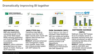 Dramatically improving BI together


                                                                                                                       DB2     Sybase IQ




          Oracle       Sybase IQ            DB2    Sybase IQ                Oracle   Sybase IQ
                                                                                                           Hardware   DBAs   Software      Storage


REPORTING (3x)                        ANALYTICS (6x)                    DISK SAVINGS (50%)               SOFTWARE SAVINGS
BNP was experiencing                  TransUnion was able to            Spice Telecom was able to             (300%)
substantial growth in the             process more than half a          populate a data warehouse        Wellmark chose SAP Sybase
use of their Web-based                billion records each month with   with raw mobile and landline     IQ as its analytics server to
BOBJ reporting application            different data formats from       call data, analyzing data sets   decrease reporting times and
and chose SAP Sybase IQ               different sources.                not previously possible,         claims processing, as well as
to accelerate online                  RESULT: achieved enhanced         opening access to all            centralizing data silos at the
transactions.                         data management, higher           departments.                     enterprise level.
RESULT: online customers              query speeds, lower costs,        RESULT: achieved a 10x           RESULT: reduced software
generated twice as many               and a future-proofed system       performance improvement          costs by 200-300% and
reports 3x faster, freeing up         with SAP Sybase IQ.               with SAP Sybase IQ.              dramatically reduced people
OLTP resources.                                                                                          and hardware costs.
© 2012 SAP AG. All rights reserved.                                                                                                                  24
 