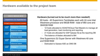 Hardware available to the project team


                                      Hardware (turned out to be much more than needed!)
                                        80 hosts - 40 Supermicro Twinblades each with 24 core Intel
                                        Westmere processor and 96GB RAM - total of 960 core and
                                        3840GB RAM
                                          – 12 hosts allocated to SOASTACloud Test Maestro to manage all
                                            load generation, load monitoring and reporting
                                          – 21 hosts are allocated for SAP Sybase IQ as the reporting DB
                                          – The balance of blades allocated to BI4
                                        One Supermicro 2U Super Server with Westmere 40 core
                                        and16GB RAM
                                          – Dedicated to Sybase ASE as CMS DB




© 2012 SAP AG. All rights reserved.                                                                  26
 