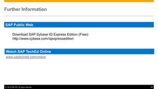 Further Information


SAP Public Web

         Download SAP Sybase IQ Express Edition (Free):
         http://www.sybase.com/iqexpressedition


Watch SAP TechEd Online
www.sapteched.com/online




© 2012 SAP AG. All rights reserved.                       38
 