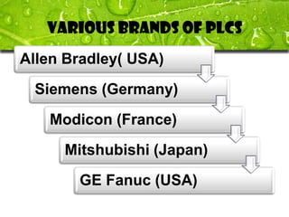 Various Brands of PLCs
Allen Bradley( USA)
 Siemens (Germany)
   Modicon (France)
     Mitshubishi (Japan)
       GE Fanuc (USA)
 