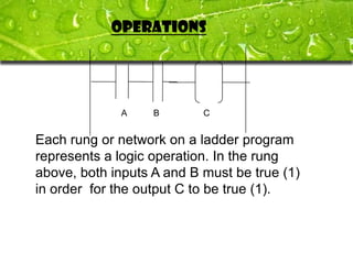OPERATIONS




             A     B       C


Each rung or network on a ladder program
represents a logic operation. In the rung
above, both inputs A and B must be true (1)
in order for the output C to be true (1).
 