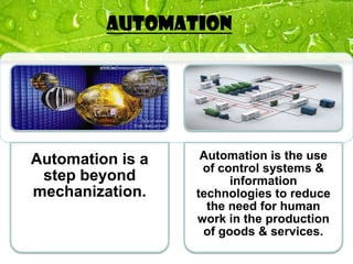 AUTOMATION




Automation is a    Automation is the use
                   of control systems &
 step beyond            information
mechanization.    technologies to reduce
                    the need for human
                  work in the production
                   of goods & services.
 