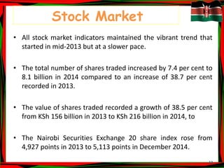 12
Stock Market
• All stock market indicators maintained the vibrant trend that
started in mid-2013 but at a slower pace.
• The total number of shares traded increased by 7.4 per cent to
8.1 billion in 2014 compared to an increase of 38.7 per cent
recorded in 2013.
• The value of shares traded recorded a growth of 38.5 per cent
from KSh 156 billion in 2013 to KSh 216 billion in 2014, to
• The Nairobi Securities Exchange 20 share index rose from
4,927 points in 2013 to 5,113 points in December 2014.
 