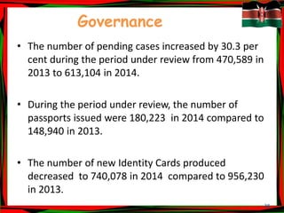38
Governance
• The number of pending cases increased by 30.3 per
cent during the period under review from 470,589 in
2013 to 613,104 in 2014.
• During the period under review, the number of
passports issued were 180,223 in 2014 compared to
148,940 in 2013.
• The number of new Identity Cards produced
decreased to 740,078 in 2014 compared to 956,230
in 2013.
 