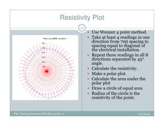 Resistivity Plot
Use Wenner 4 point method.
Take at least 4 readings in one
direction from 7mt spacing to
spacing equal to diagonal of
the electrical installation.
Repeat these readings in all 8
directions separated by 450
angle.
12
7/2/2013PBC Training Document PBC/ER/005 Rev 0
angle.
Calculate the resistivity.
Make a polar plot.
Calculate the area under the
polar plot
Draw a circle of equal area
Radius of the circle is the
resistivity of the point.
 