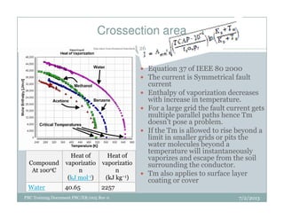 Crossection area
Equation 37 of IEEE 80 2000
The current is Symmetrical fault
current
Enthalpy of vaporization decreases
with increase in temperature.
For a large grid the fault current gets
See also
26
PBC Training Document PBC/ER/005 Rev 0
For a large grid the fault current gets
multiple parallel paths hence Tm
doesn’t pose a problem.
If the Tm is allowed to rise beyond a
limit in smaller grids or pits the
water molecules beyond a
temperature will instantaneously
vaporizes and escape from the soil
surrounding the conductor.
Tm also applies to surface layer
coating or cover
Compound
At 1000C
Heat of
vaporizatio
n
(kJ mol-1)
Heat of
vaporizatio
n
(kJ kg−1)
Water 40.65 2257
7/2/2013
 