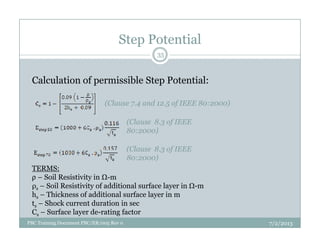 Step Potential
Calculation of permissible Step Potential:
(Clause 7.4 and 12.5 of IEEE 80:2000)
(Clause 8.3 of IEEE
35
TERMS:
ρ – Soil Resistivity in -m
ρs – Soil Resistivity of additional surface layer in -m
hs – Thickness of additional surface layer in m
ts – Shock current duration in sec
Cs – Surface layer de-rating factor
(Clause 8.3 of IEEE
80:2000)
(Clause 8.3 of IEEE
80:2000)
7/2/2013PBC Training Document PBC/ER/005 Rev 0
 